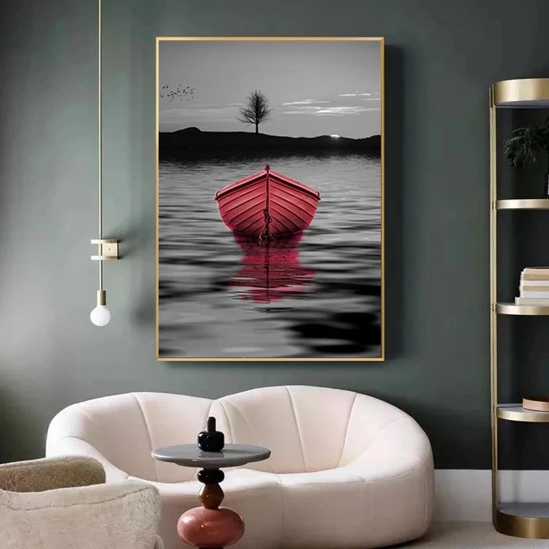 

Black and White Lake Red Boat Landscape Nordic Poster and Print Modern Peaceful Canvas Painting Home Decor Mural Lonely Wall Art