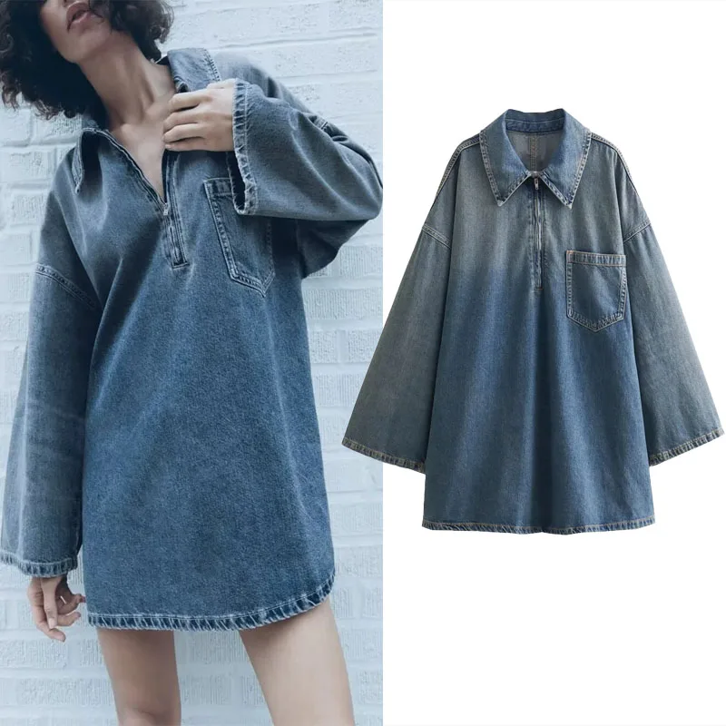 

Женское джинсовое мини-платье с отложным воротником, длинным рукавом и молнией