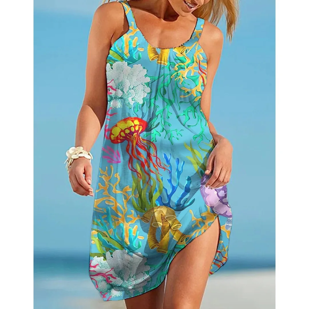 

2022 Sea Octopus Print Beach Dress Women Fashion Sexy Dress Bohemian Strap Sleeveles Party Dresses Hem Evening Beach Sundress