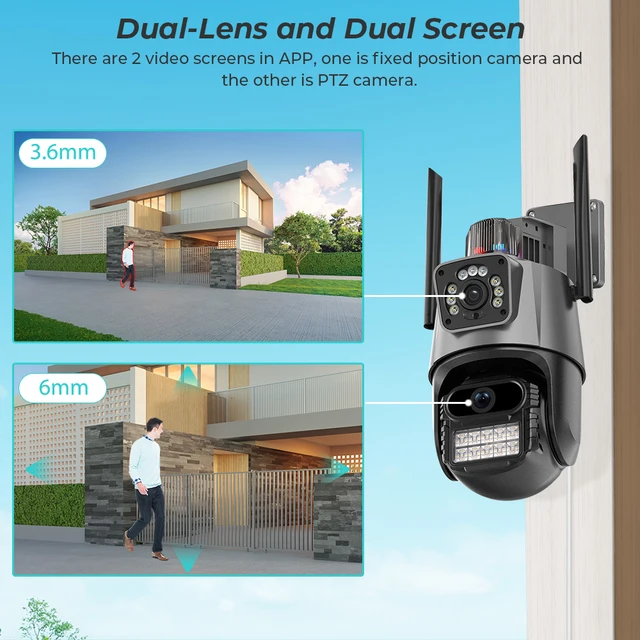 8MP 4K IP Camera Dual Lens Dual Screen PTZ Wifi Camera Outdoor Waterproof Security Video Surveillance Camera Police Light Alarm 3