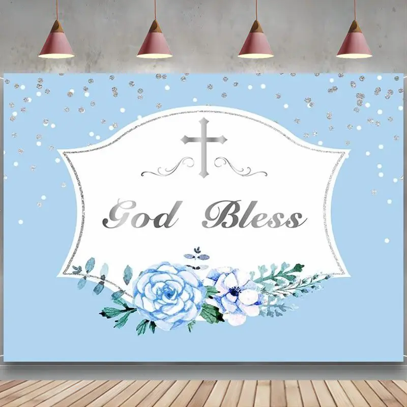 

Фон с надписью «God Bless» для первого священного крещения, голубой баннер для мальчиков, фотобудка для будущей матери, реквизит, Декор