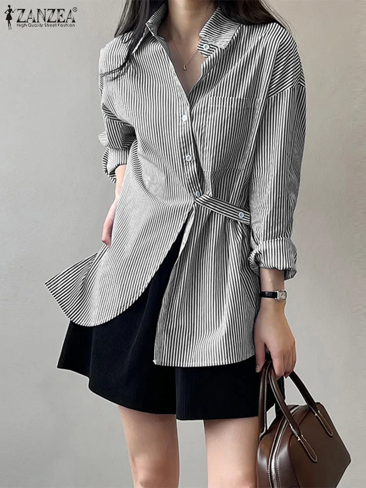 

Модная женская рубашка в полоску, повседневная Асимметричная дизайнерская блузка ZANZEA 2023, стильные топы с воротником с лацканами и длинным рукавом, блузы с разрезом на подоле