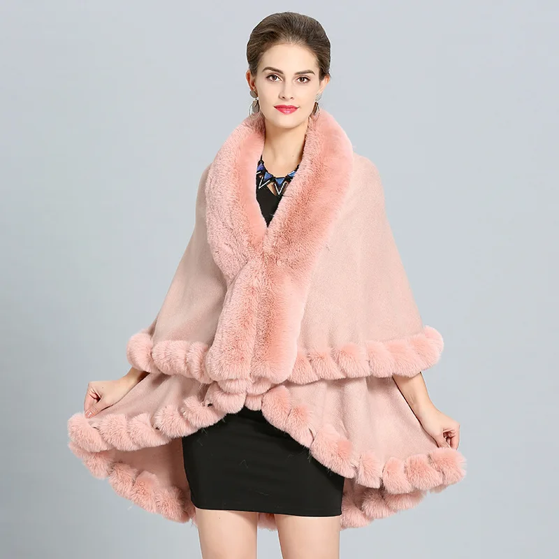 Loose fox fur collar double knitted shawl cloak coat
