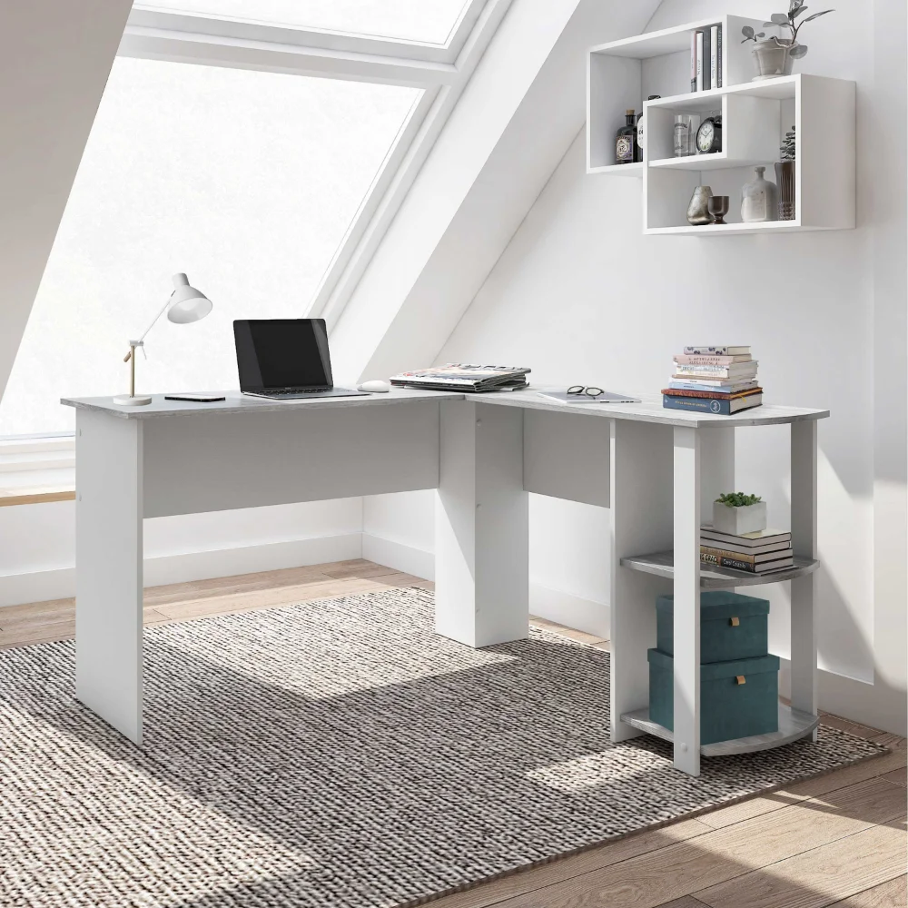 

Modern L-Shaped Desk with Side Shelves, Grey Computer Office Table