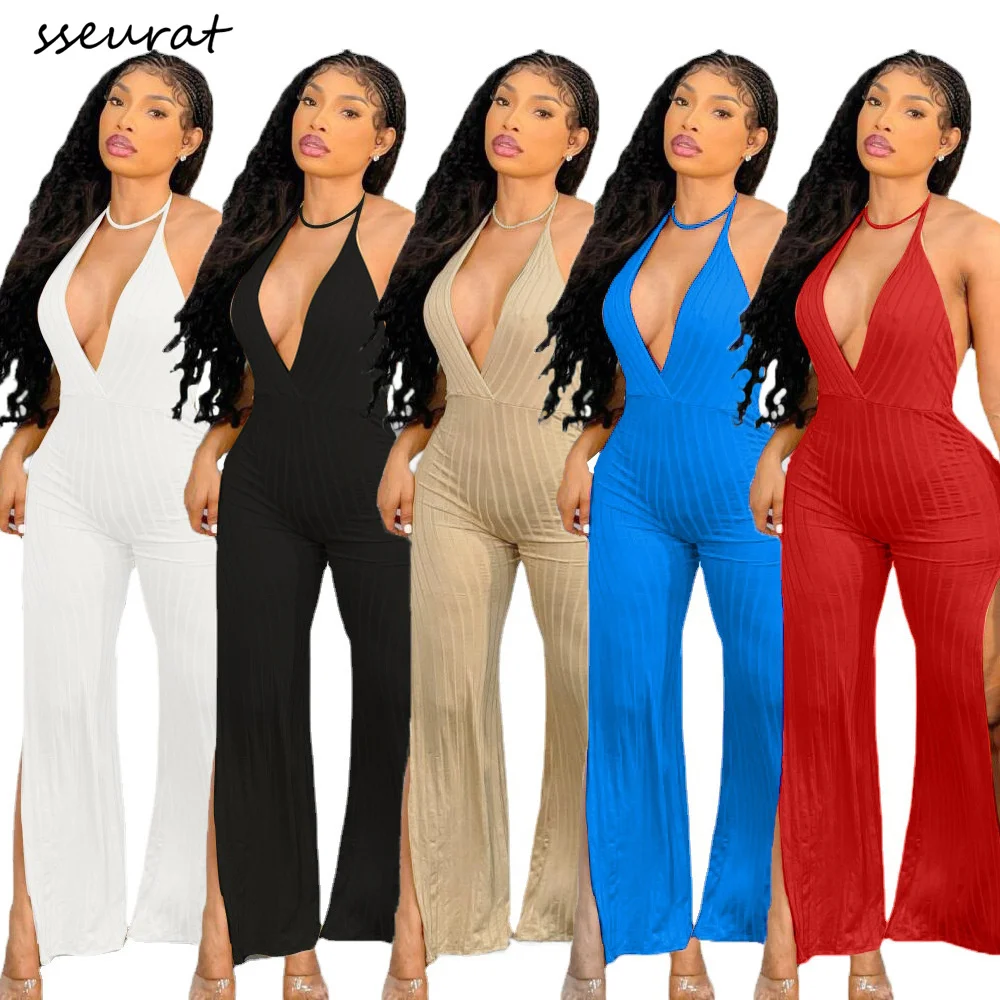 

SSEURAT Sexy Halter Neck Sleeveless Backless Wide Leg Jumpsuit 2022 Summer Women Club Party Overall Playsuit