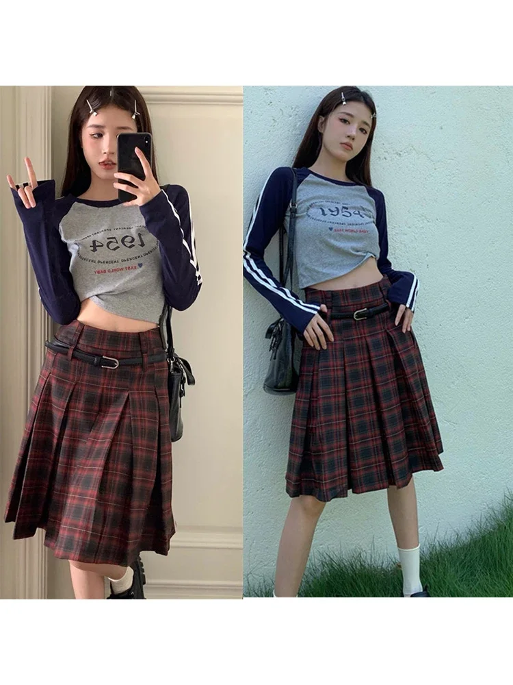 Женская красная клетчатая юбка в стиле Харадзюку винтажная плиссированная 1920-х