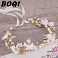 boqi goldsilver color flower ribbon floral hair tie women headpiece tiara wedding bridal headband jewelry accessory for girls