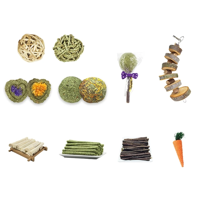 

31pcs Small Animal Chew Treats Hanging Wood Blocks Grass Balls Chews for Rabbit