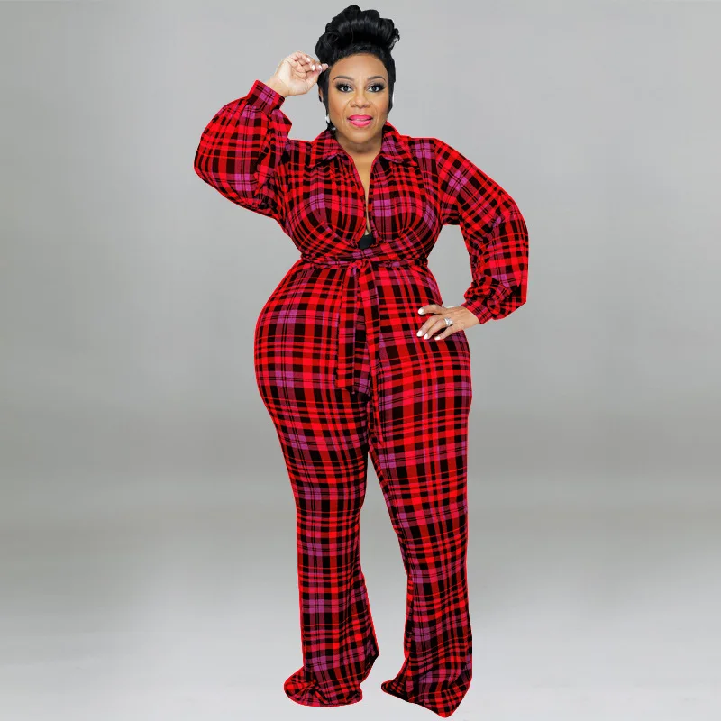 2022 Fall New Lantern Long Sleeve Plus Size Jumpsuit 5xl Women's Elegant Plaid Shirt Jumpsuit Fashion Retro Long Women's Clothes