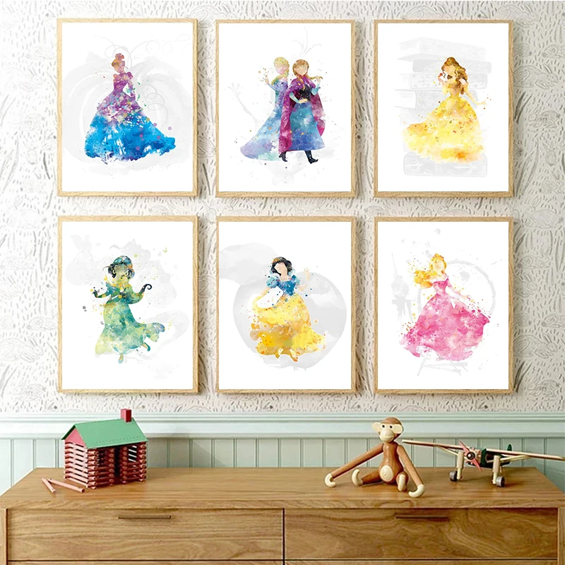 

Disney Princess Watercolor Graffiti Art Poster and Print Nursery Canvas Painting Wall Art Picture Living Room Bedroom Home Decor