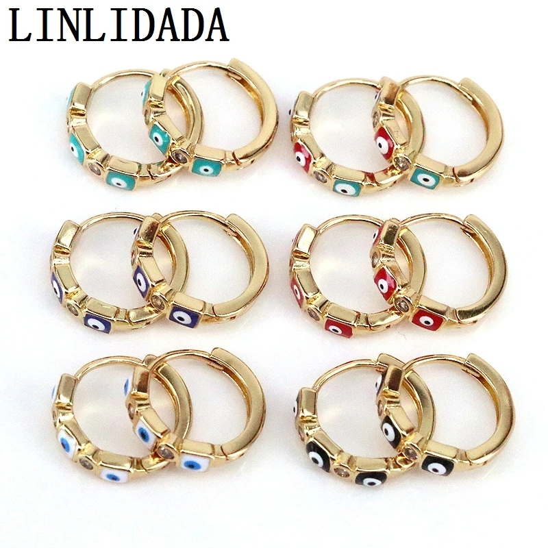 10Pairs, Gold Filled Square Blue Eye Huggies,Multicolor Eye Small Hoop Earrings,Zircon Earrings,Protection Jewelry