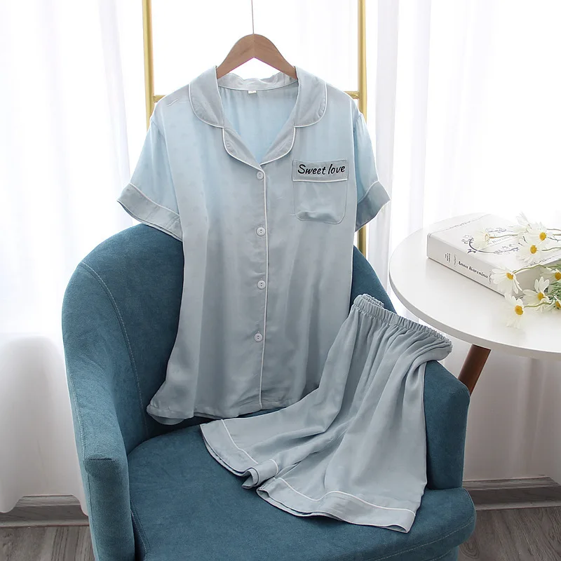Home Clothes Pajamas Set Two-piece Lapel Women Viscose Short-sleeved Shorts Love Summer Smooth Cardigan Letters Sleep Wears Thin
