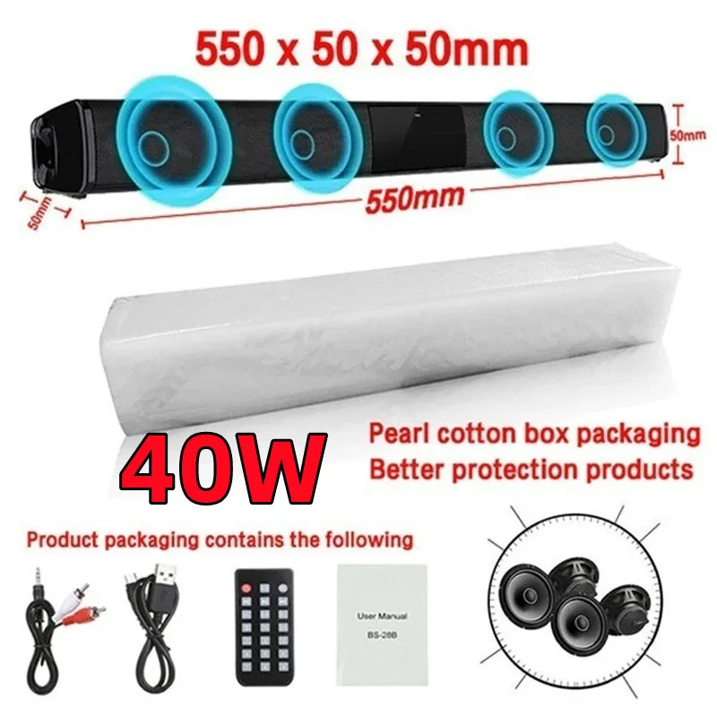 

40W TV Soundbar Wired and Wireless Bluetooth Home Stereo Surround for PC Theater TV Speaker with FM Radio Music Center Column