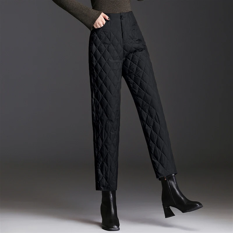 

Elegant Argyle Plaid Office Lady Winter Pants Korean Fashion Ultralight Cotton Pant Women Ankle Length Thick Quilted Pantalones