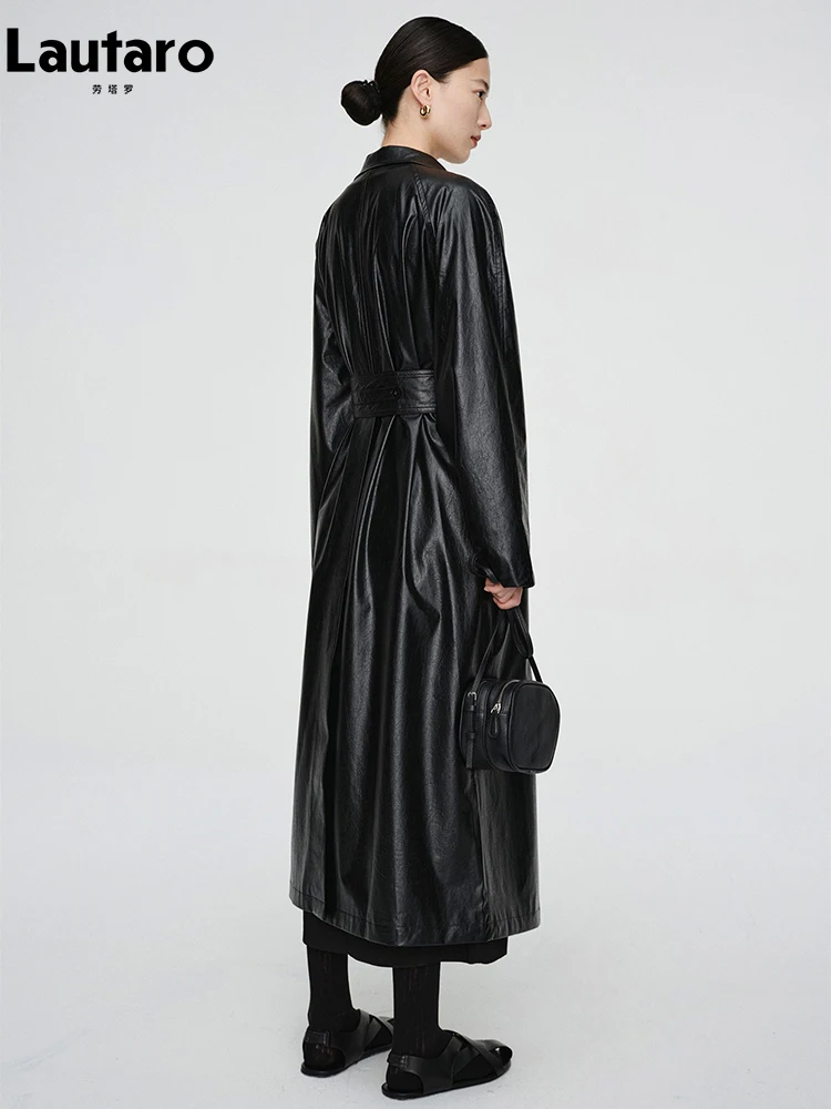 Lautaro Осень Длинный Оверсайз Светло-Зеленый Pu Кожаный Тренч Для Женщин с Рукавом