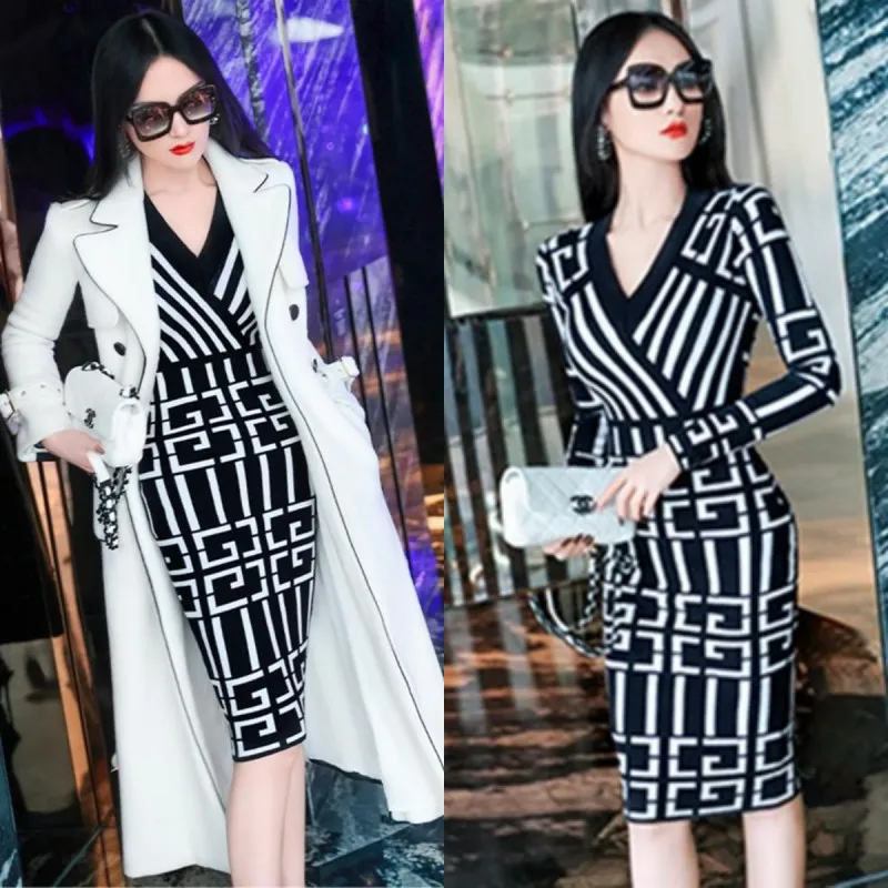 

Women V-neck printed Dress Fashion Fancy 2023 Autumn Winter Vintage Knitted Wrap Hips Short Dress Elegant Office Ladies Dresses