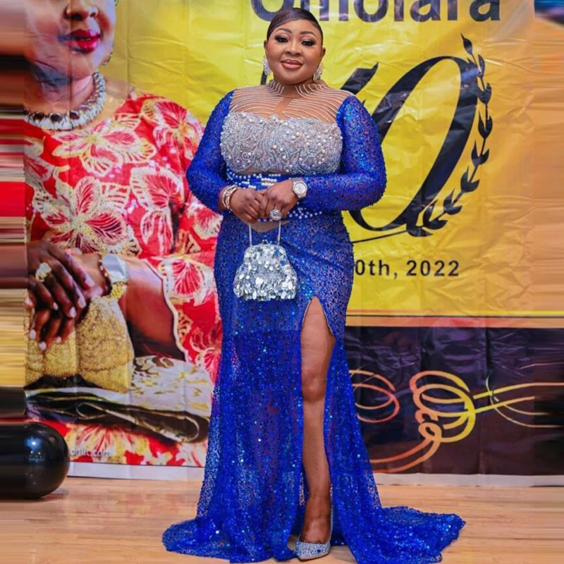 

Navy Blue Mermaid Evening Dresses High Neck Major Beads Pearls Long Sleeves Plus Size Prom Dress With Slit Aso Ebi Party Gowns