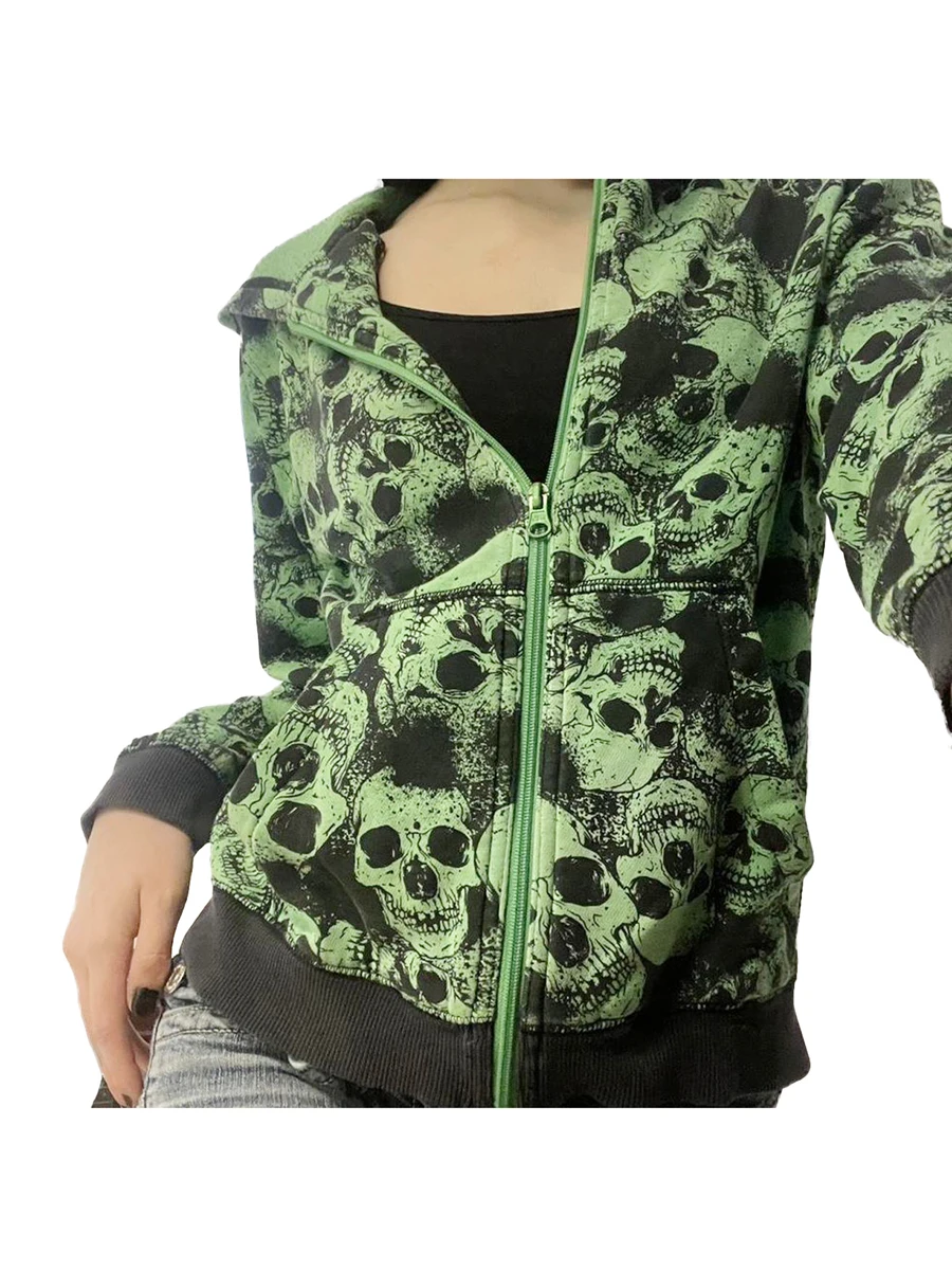 

Female Coat Skull Print Long Sleeve Hooded Zipper Jacket Outerwear for Spring Autumn Green S M L XL