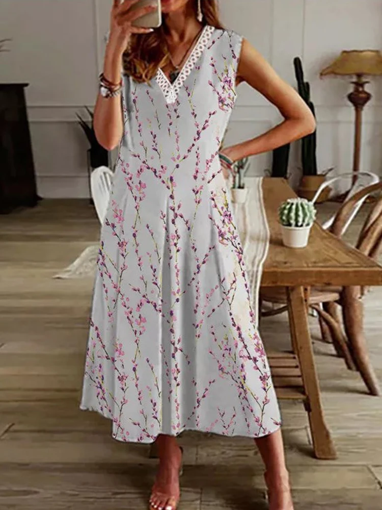 

Summer Sleeveless Fashion New Printed A-Line Dress Sexy Loose Long V Neck Women Pleated Dress Lady Boho Beach Maxi Dresses 2022