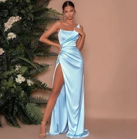 simple sky blue one shoulder evening party dress sexy high split long prom formal gowns robe de soiree vestidos longo