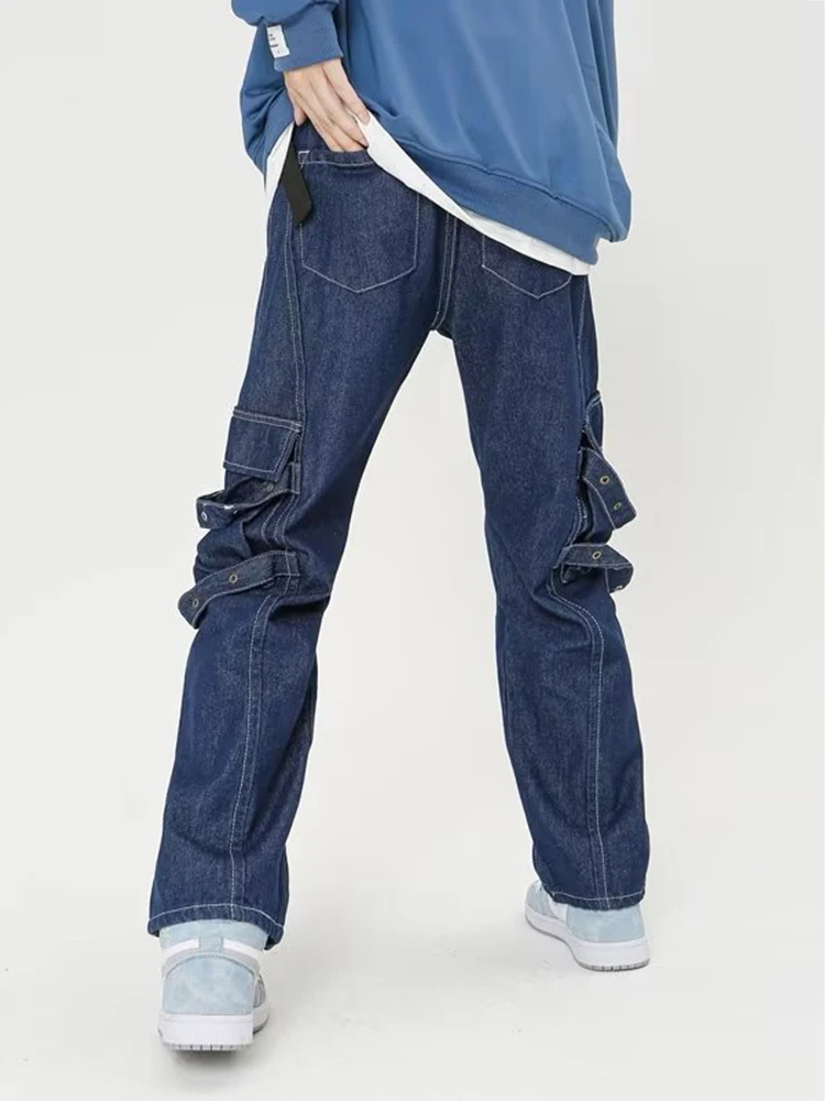 Retro Blue Cargo Wide Jeans for Men Fashionable Zipper Pockets Streamer Streetwear Casual Wide Leg Denim Overalls Hip Hop Denim