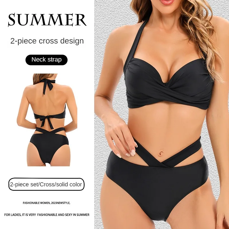 

2023 Летний Новый однотонный комплект бикини со шнуровкой, пляжный купальный костюм, пляжная одежда, комплект из 2 предметов, купальники с высокой талией