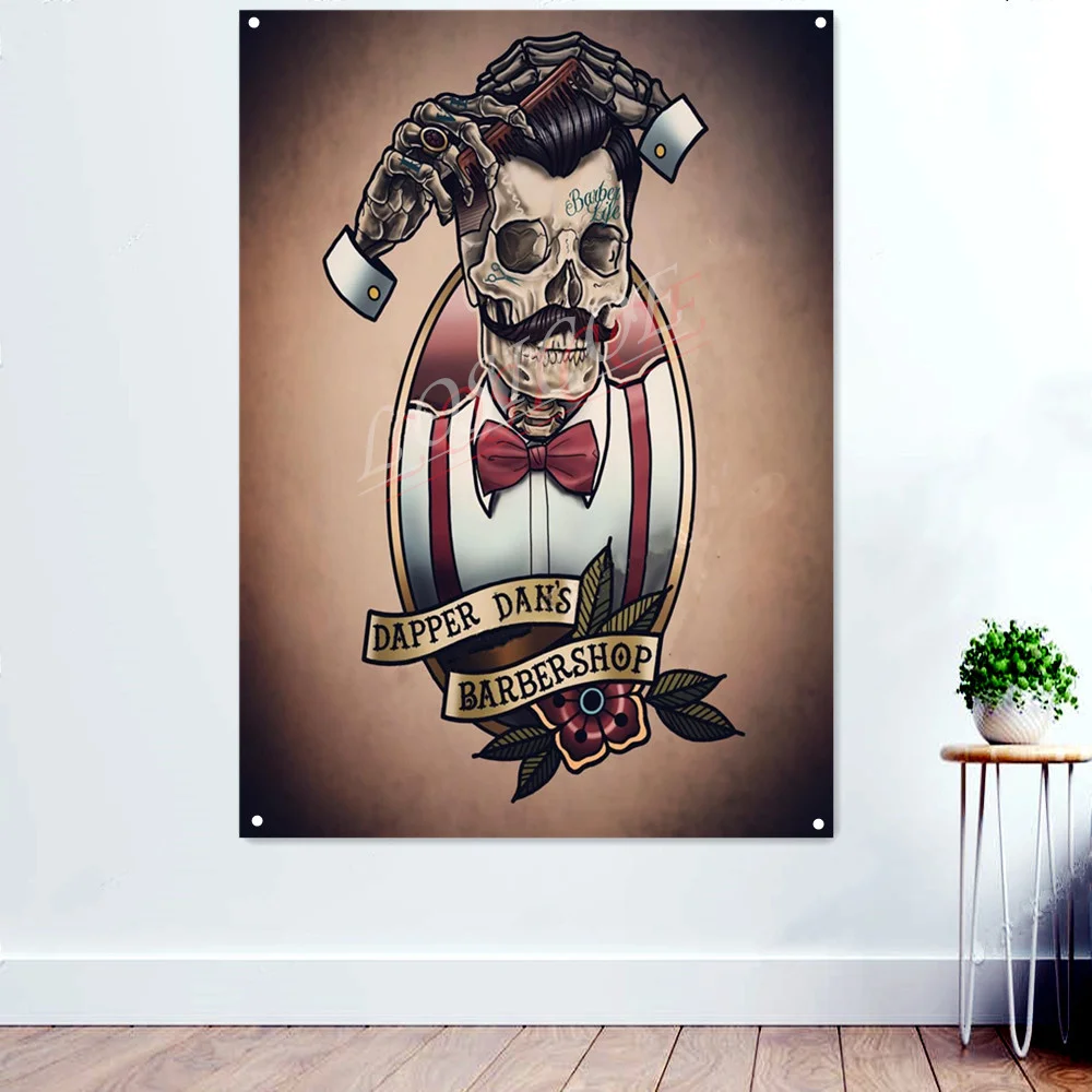 

Skeleton Barber Tattoo Art Tapestry Wall Hanging Flag With 4 Metal Buckles Polyethylene Banner Barber Shop Wall Decor Painting