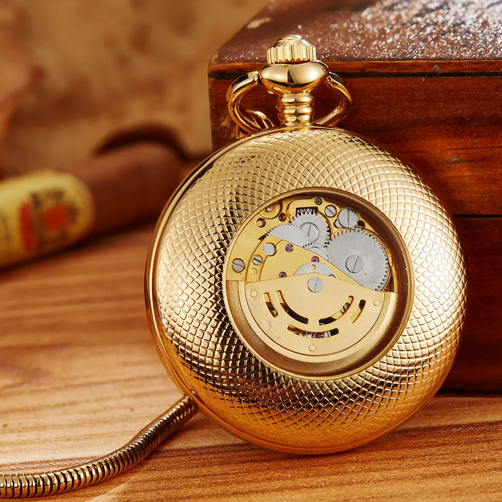 Luxury Top Brand Copper Material Mechanical Pocket Watch Men Fob Chain Gold Automatic Skeleton Sculpture Women Men Watches