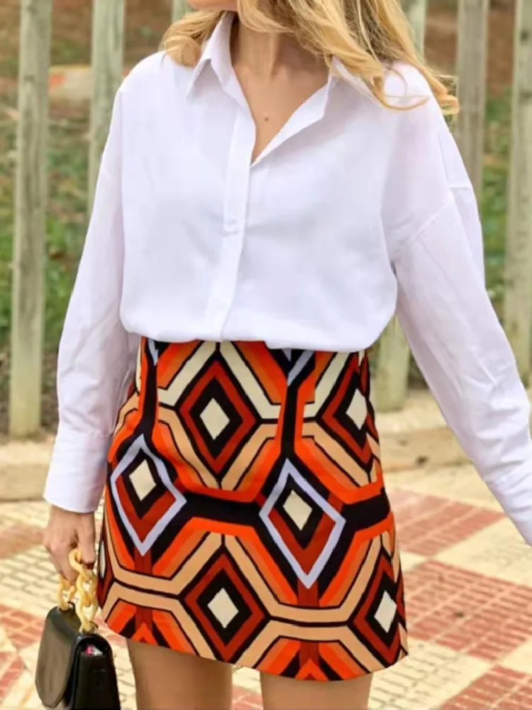 

PUWD Women Orange Printed Skirts 2022 Spring Fashion Ladies High Waist Vintage Sexy Skirts Feamle Plaid Print Mini Skirts