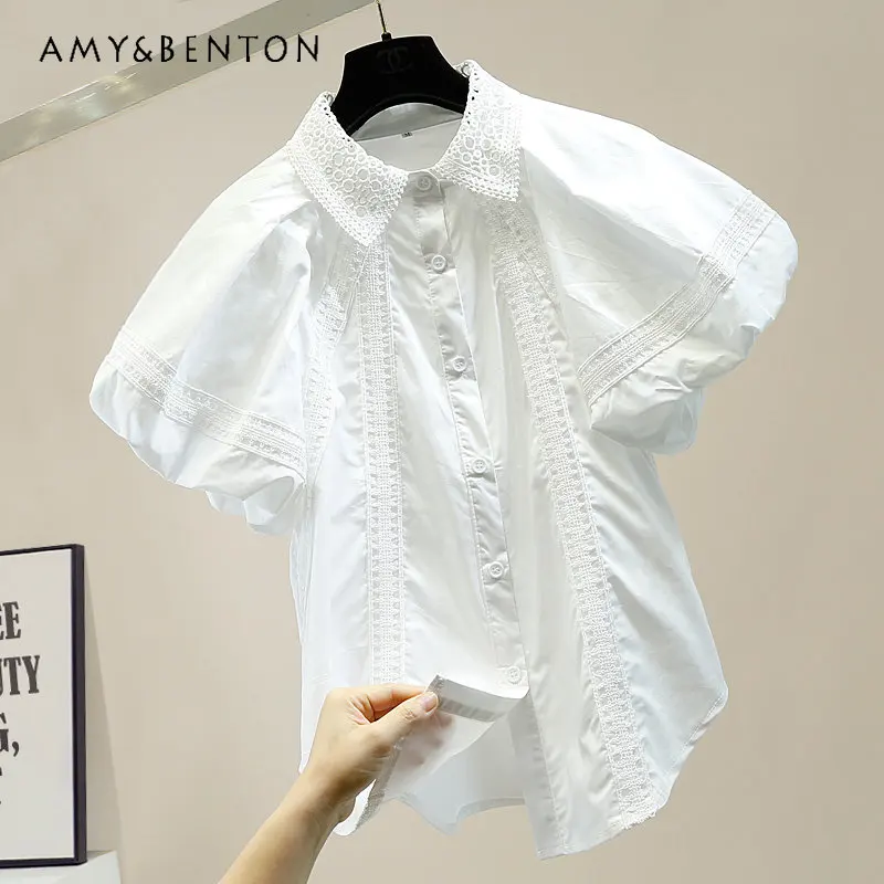 

Retro Lantern Sleeve Blusas Lace Stitching Single-Breasted Shirts Women's Loose All-Matching Western Style Anti-Aging Top Blouse