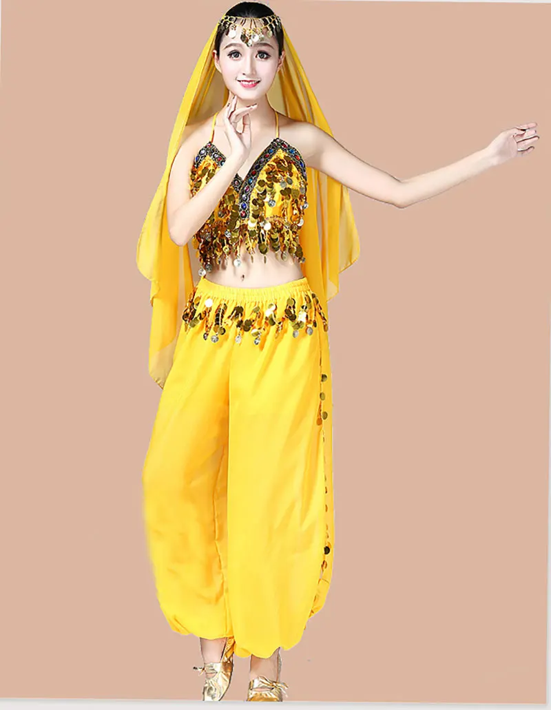 Костюмы для танца живота для женщин, 3 шт.: брюки, топ и покрывало на голову, индийский болливудский стиль, для выступлений.