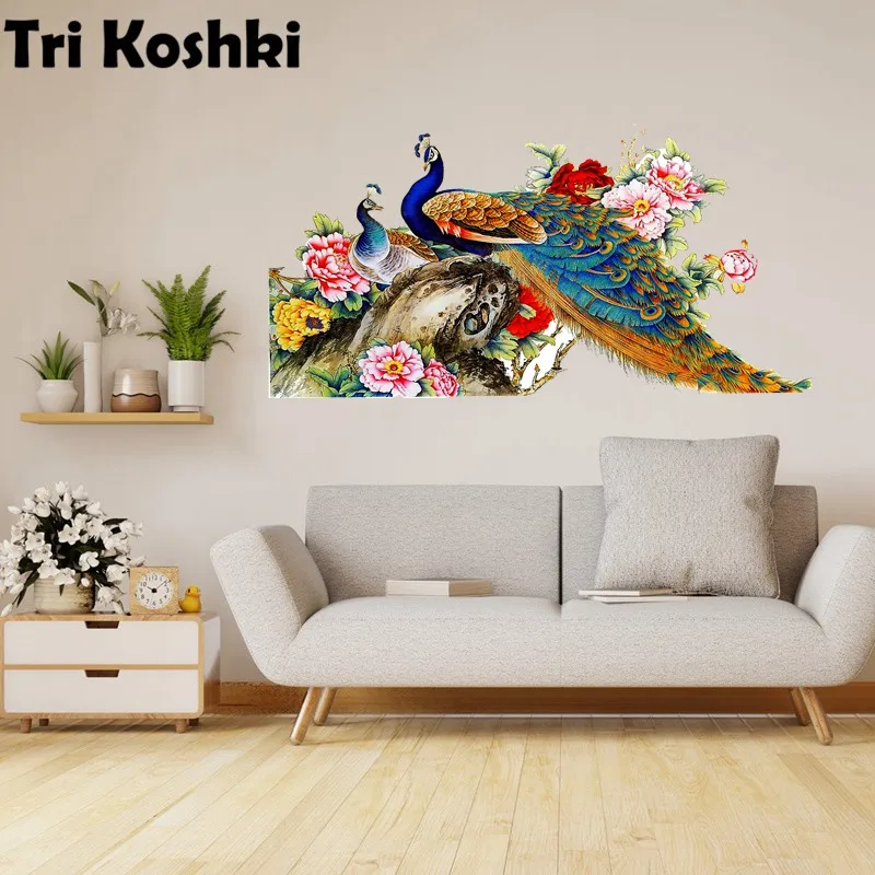 Наклейка Настенная с принтом павлинов и цветов водостойкая