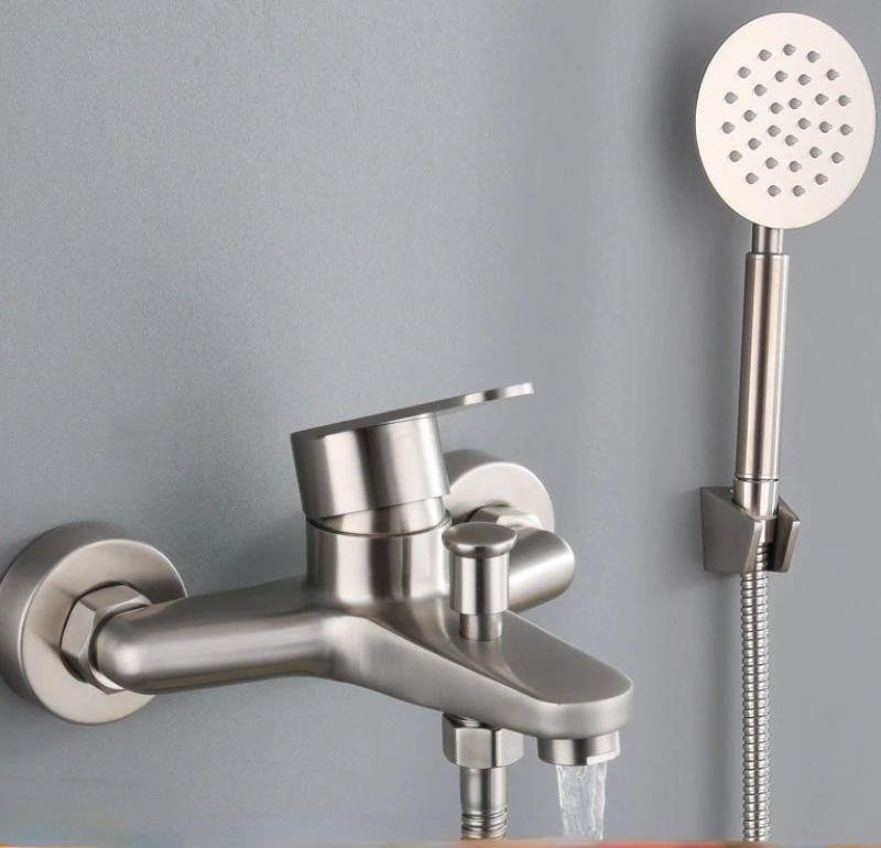 

Brushed Hot And Cold Bathtub Faucet 304 Stainless Steel Triple Mixing Valve Bathroom Shower Set