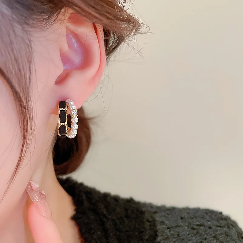 

KAITIN Pearl Inlaid Diamond Circle Women Earrings Double Layer Korea Light Luxury Silver Earrings Versatile Female Jewelry