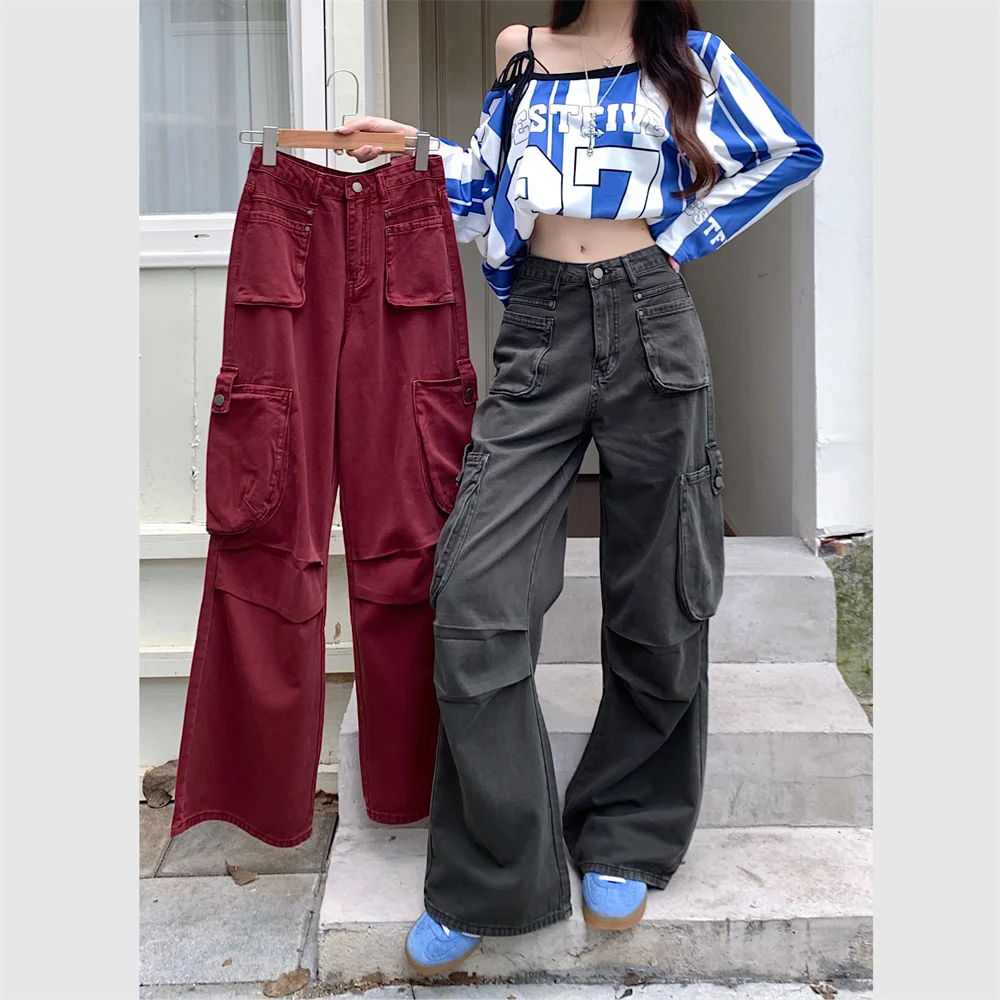 Джинсы-карго женские с завышенной талией винтажные прямые свободные брюки из