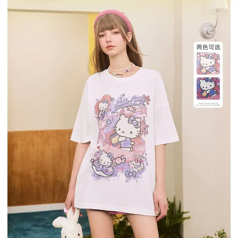 

Sanrios Kawaii аниме Hello Kitty милый мультфильм белый короткий рукав Футболка Модный милый крутой топ с принтом подарок на день рождения