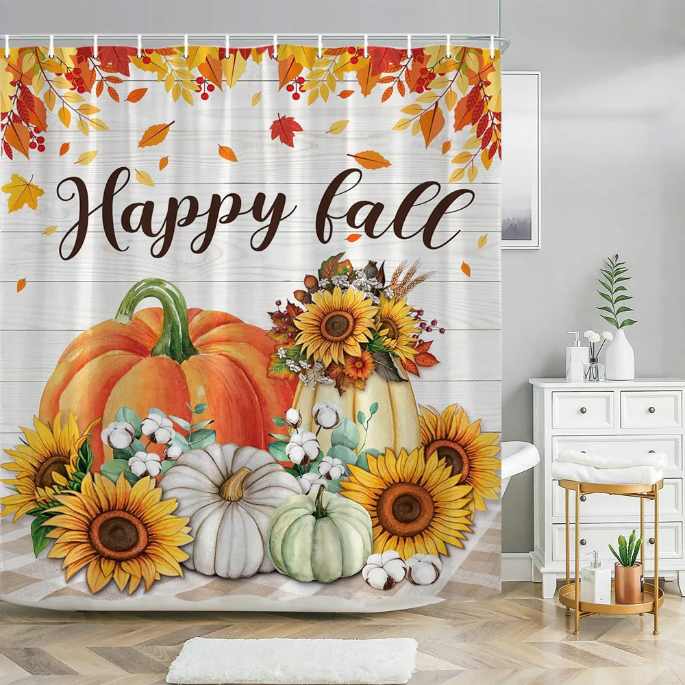 

Happy Fall Shower Curtain for Bathroom Decor Autumn Pumpkin Thanksgiving Harvest Rustic Sunflower Farmhouse Maple Bath Curtains