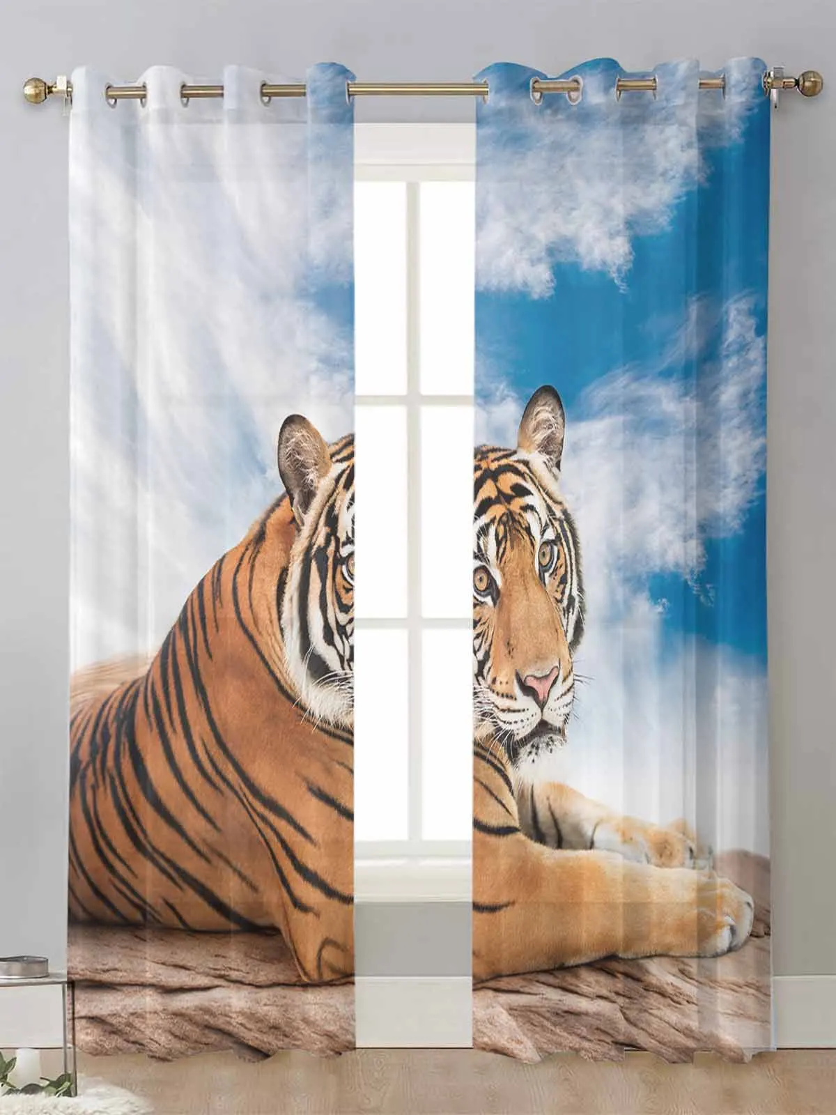 

Blue Sky Tiger Lie Prone Sheer Curtains For Living Room Window Transparent Voile Tulle Curtain Cortinas Drapes Home Decor
