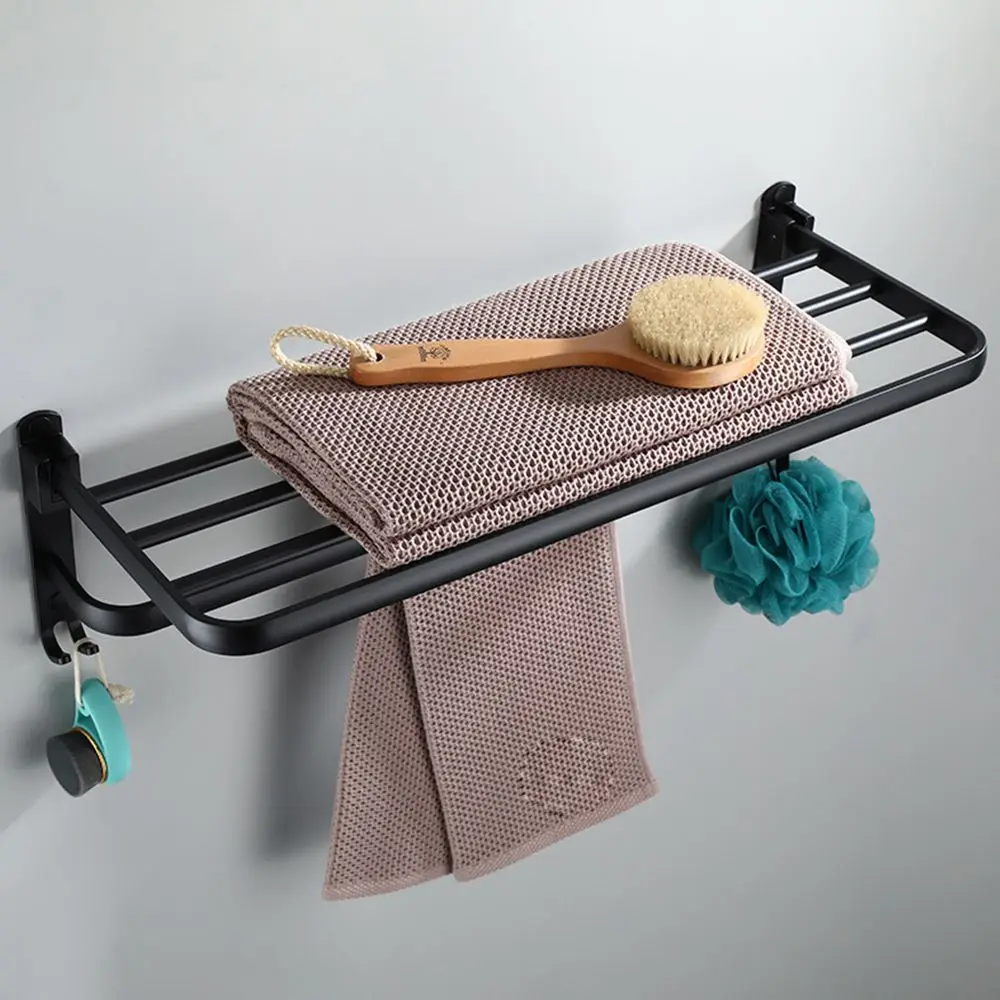 

New Shower Hanger Black Shelf Towel Bar Wall Mount Bath Holder With Hook Towel Rack