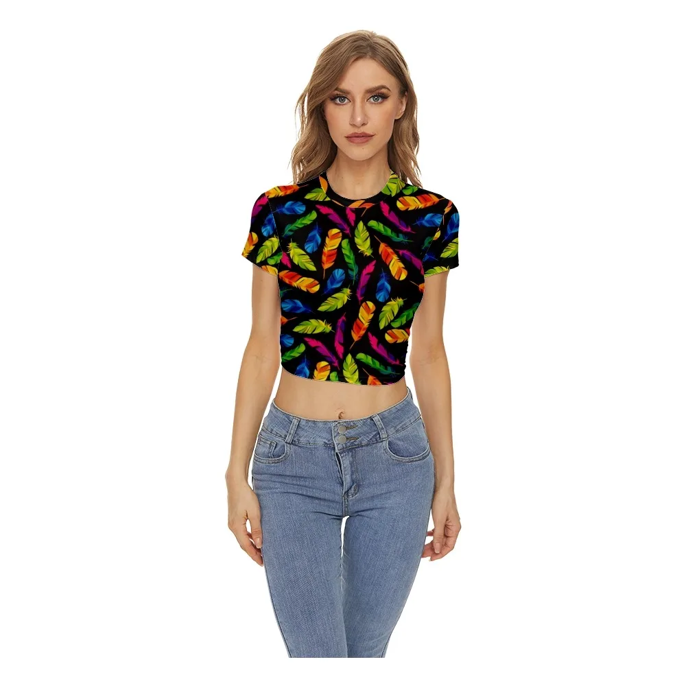 

2022 Feather Print Summer Sexy Cropped Navel Women T-Shirt Fashion Casual Print Slim Fit Short Sleeve O-Neck T-Shirt