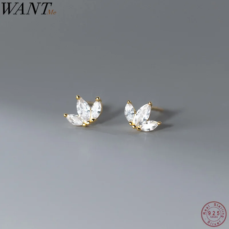 WANTME 925 Sterling Silver Shiny Small Leaf Zircon Stud Earrings for Women Fashion Korean Teen Crown Piercing Pendientes Jewelry