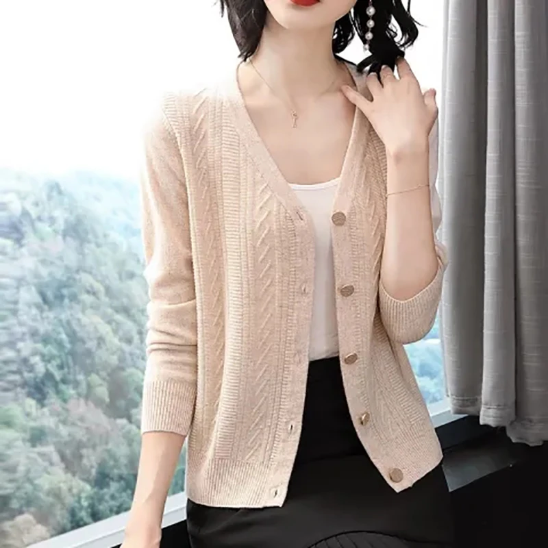 

Single Breasted Knitted Cardigan For Women Korean Casual Plus Size Loose Knitting Top Spring Long Sleeve V-neck Pink Knitwear