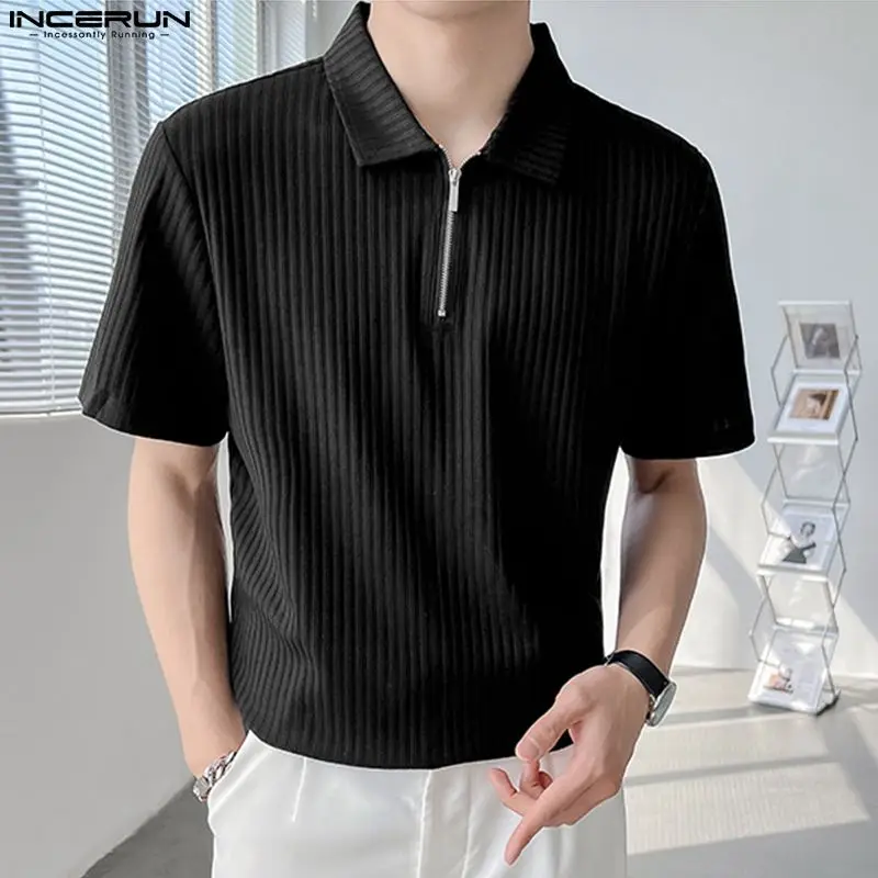

Топ INCERUN 2023, красивая мужская полосатая драпировка в Корейском стиле, Повседневная Уличная одежда, однотонные футболки на молнии с коротким рукавом
