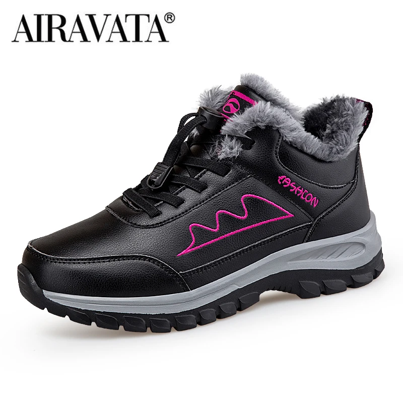 Men Women Winter Hiking Shoes Plush Platform Sneakers Nonslip Comfortable Lace Up Sports Shoes