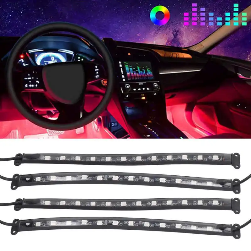 

Car Interior RGB LED Lights with Music Control Mode 12LED DC12V APP Voice Control 180 Wide Angle Illumination for Auto