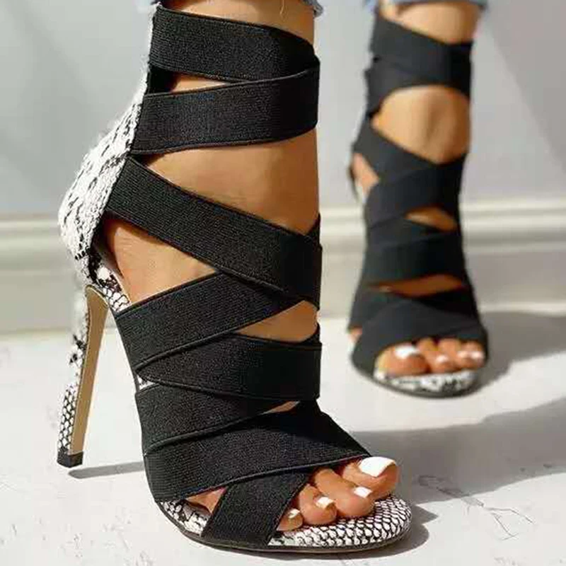 

Summer Women Thin Heels Sandals Sexy High Heels Gladiator Cross-Tied Sandalias Snake Pattern Roman Pumps Ladies Shoes