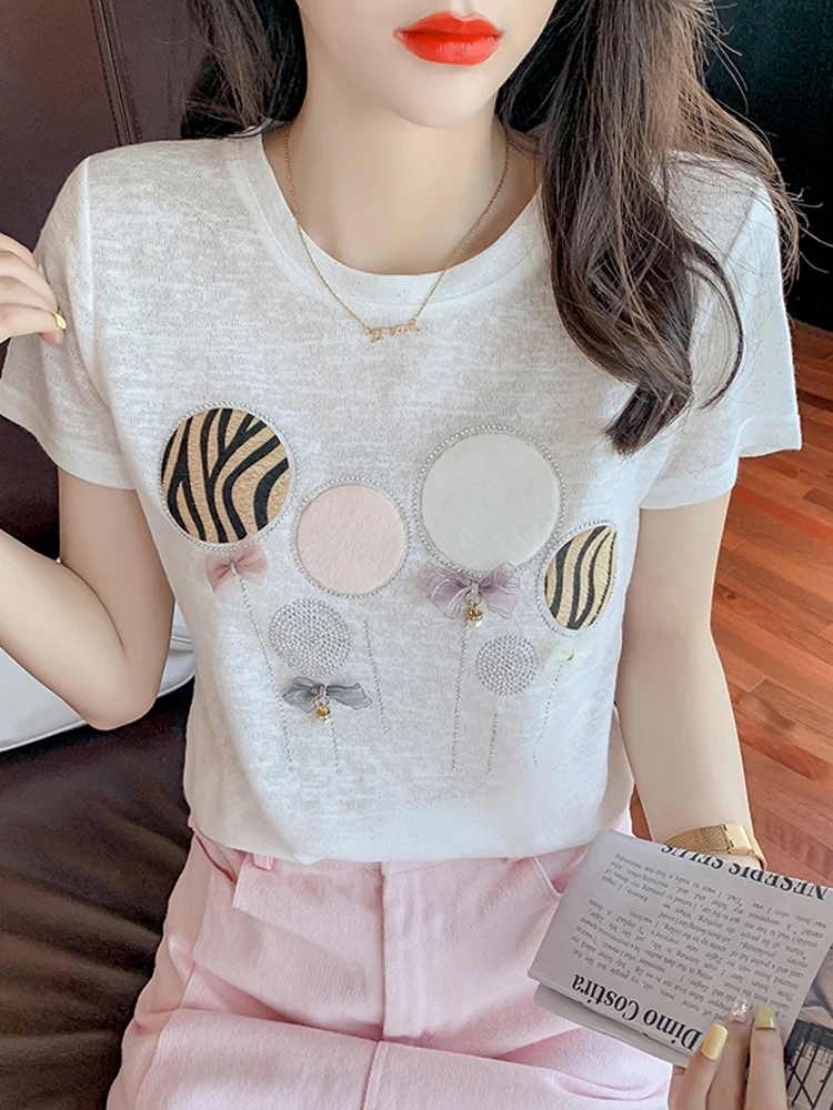 

High Quality Beading T Shirt Summer Short Sleeve Women Top Pink Bow Tshirt Cotton Korean Style T-shirt Femme Tees Shirt Clothes