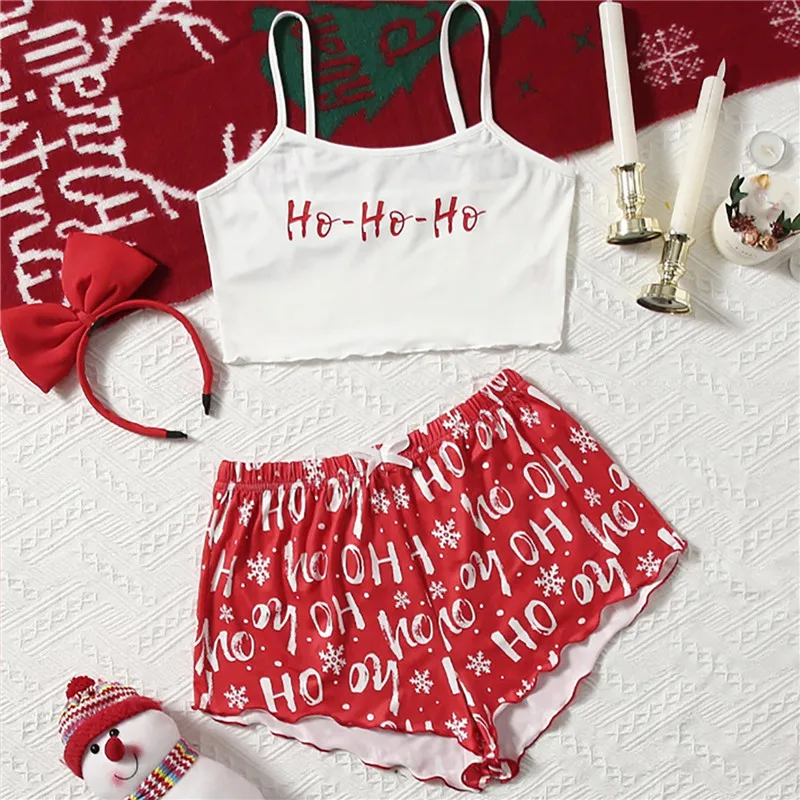 

Christmas Matching Pajamas Sets Elk Print Straps Intimates Homewear Xmas Cami Top+Shorts Lingerie Women Casual Sleepwear Suit
