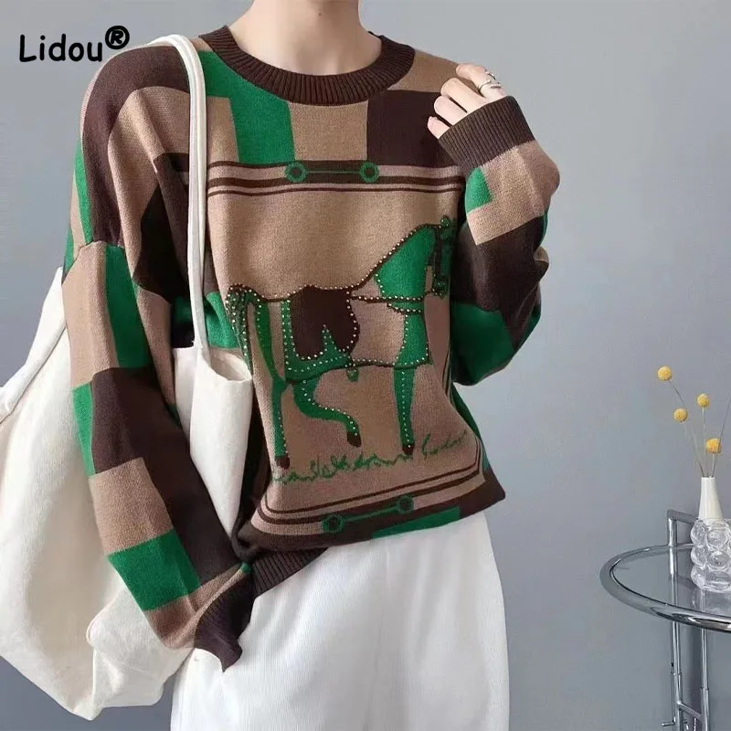 

Contrasting Colors Vintage Round Neck Sweaters Women's Clothing Diamonds Fashion Cartoon Long Sleeve Casual Knitted Jumpers