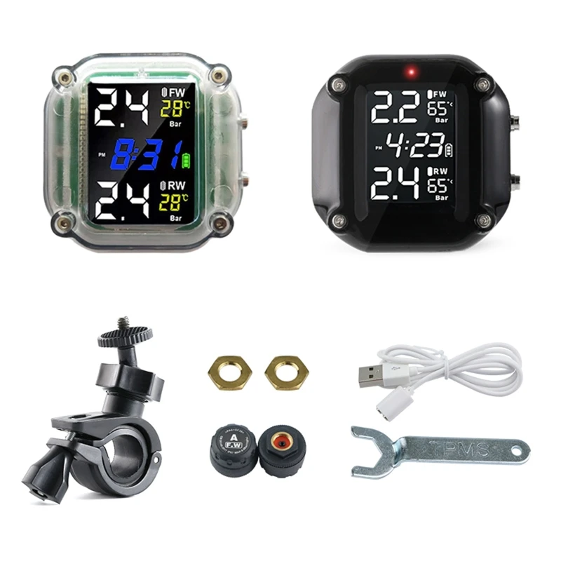 

Wireless Digital Motorcycle Tire Pressure Gauge Monitoring System Waterproof TPMS Digital LCD Display with 2 Sensors